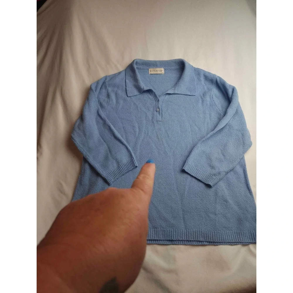 White Stag Blue Knit Polo Sweater Collared 3/4 Sleeve Large Womens